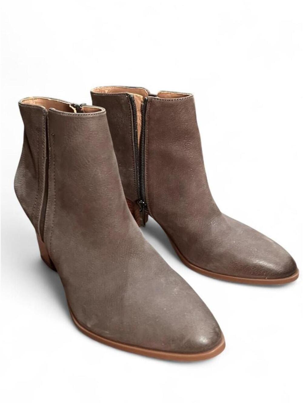 Franco Sarto gray leather ankle boots with about a 2” heel